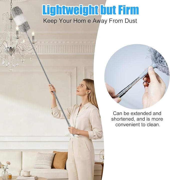 Microfiber Feather Duster, 110 Inch Extendable Telescoping Pole Duster with Bendable Washable Head, Long Handle Cleaning Duster for Ceiling Fan, High Ceiling, Blinds, Furniture and Cars (2 Pcs)