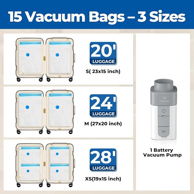 ETENWOLF 15 Combo Vacuum Storage Bags for Travel with Wireless Pump | Vacuum Seal Bags for Clothing Travel, Compression Packing Bags for Clothes and Blankets, Space Saver Bags in Carry-On Sizes