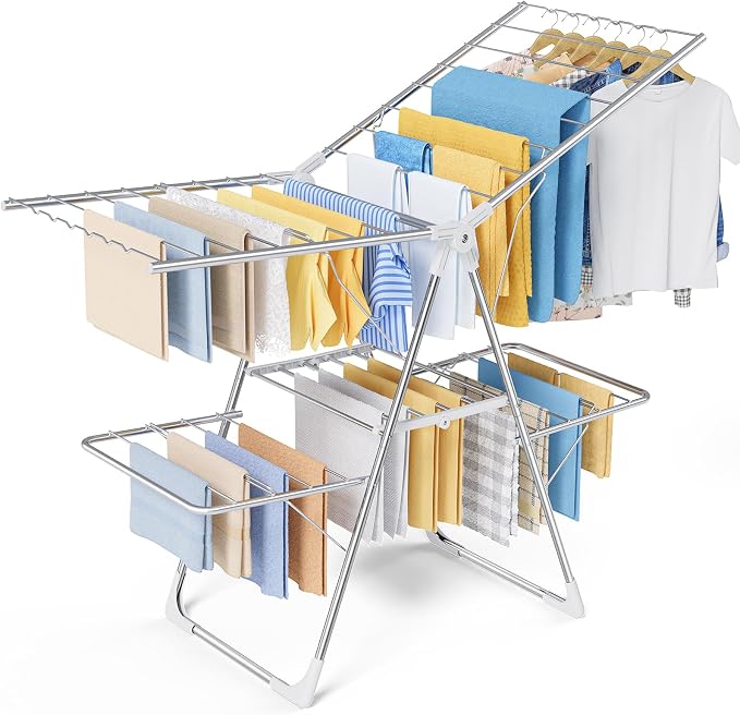 Sakugi Clothes Drying Rack, Foldable 2-Level with 55.5" Adjustable Wings | Laundry Room, Bedroom, Indoor & Outdoor Use, Height Adjustable, Clothing & Bedding, 55.5" L × 22.8" W, Silver and White