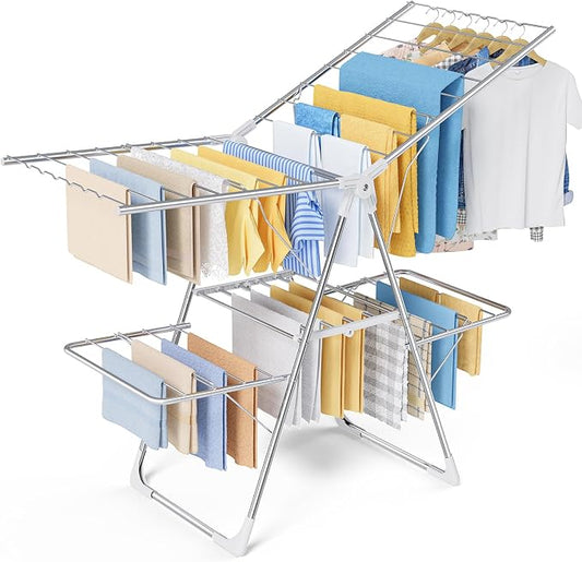 Sakugi Clothes Drying Rack, Foldable 2-Level with 55.5" Adjustable Wings | Laundry Room, Bedroom, Indoor & Outdoor Use, Height Adjustable, Clothing & Bedding, 55.5" L × 22.8" W, Silver and White
