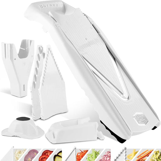 Börner Mandoline Slicer V5 (Professional Set) • Adjustable Vegetable Slicer (7-piece) • 10 Cutting Styles • Kitchen Slicer incl. Docking Station • Stainless Steel V-Blade • Color: White