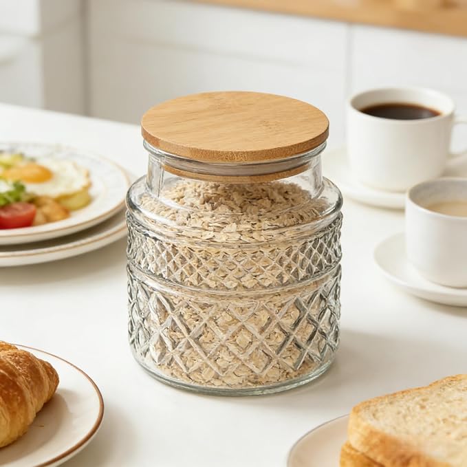 Prettidecor Glass Storage Jars, 38 FL OZ Airtight Canisters with Bamboo Lid, Decorative Kitchen Containers for Cereal, Nuts, Snacks, Candy, Cookies, Coffee, Tea
