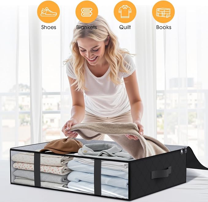 StorageRight Under Bed Storage Bags, 8 Pack, 40L, Black | Breathable Non-Woven Fabric with a Clear Window and Zippered Top for Clothes, Comforters, Blankets and Seasonal Storage