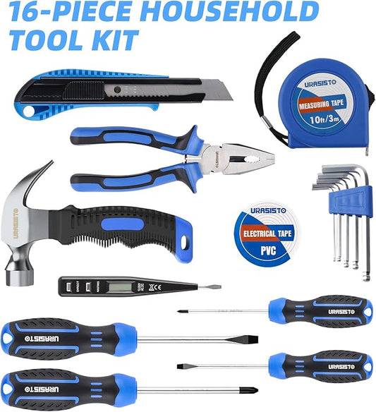 URASISTO 16-Piece kid Tool Set Basic Hand Tool Kit with Claw Hammer,Lineman's Pliers, Perfect for DIY, Home Maintenance, Age 14+