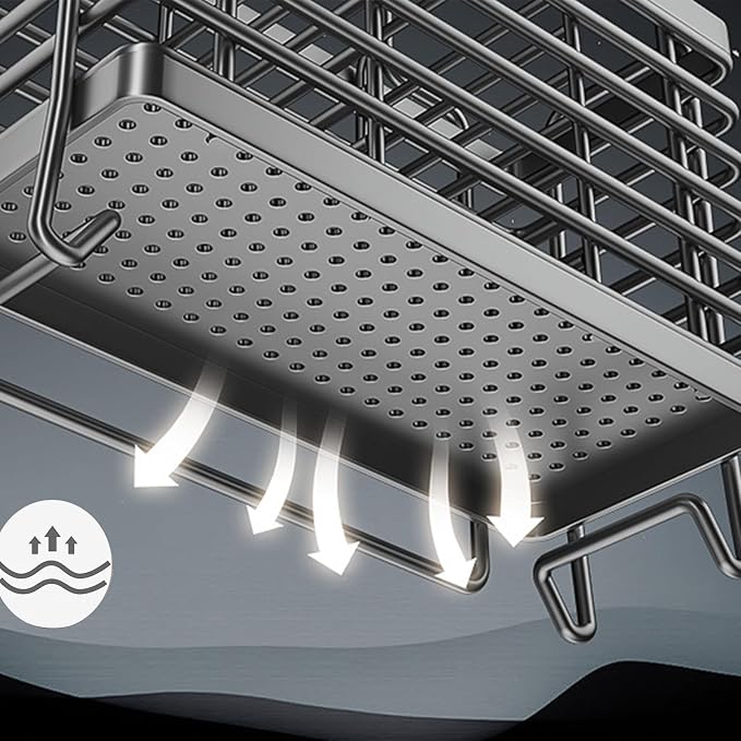 Stainless Steel Utensil Holder, Countertop Drying Rack with Drain Tray & Towel Bar, Space Saving Kitchen Organizer(Gray)