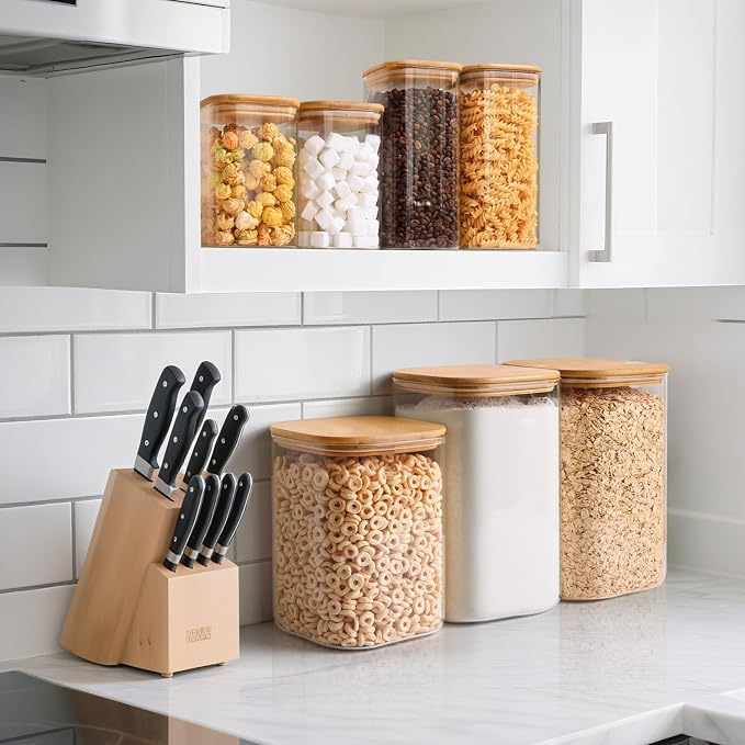 ComSaf Glass Storage Jars with Bamboo Lids 4.6 Qt Large Pantry Square | Cabinet Organization, Flour Sugar Coffee Beans, Pasta Cereal Dry Food, Big Capacity, Dry Food Storage