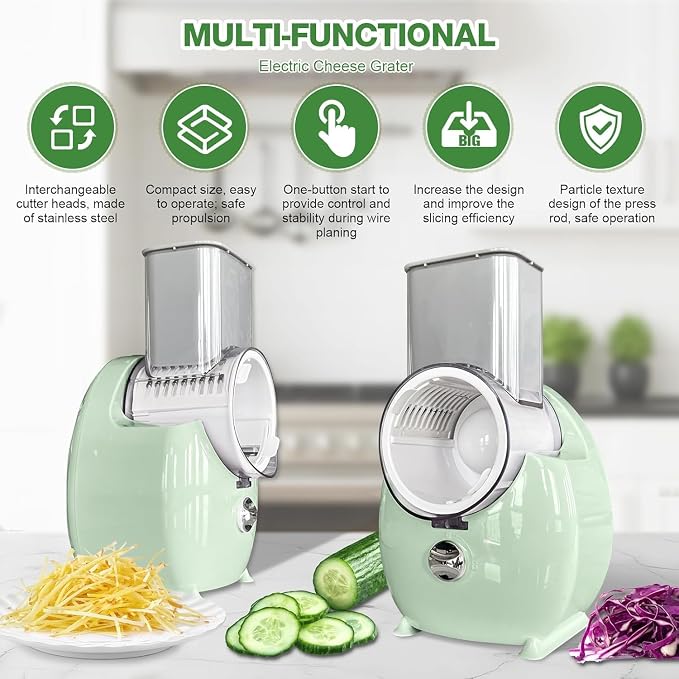 Electric Cheese Grater for Block Cheese - 3 in 1 Rotary Cheese Grater Electric Rotary Grater Salad Shooter Electric Slicer for Cheeses, Fruits, Vegetables and Nuts (Green, 6.89"x7.87")