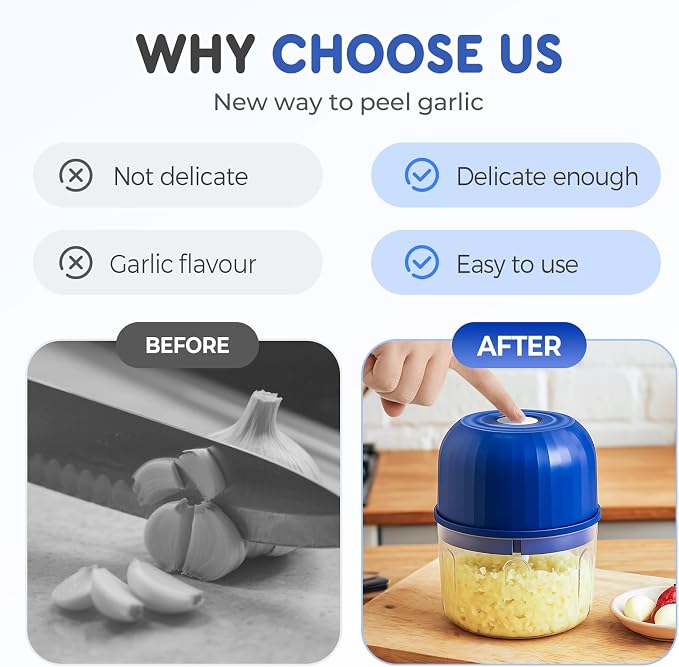 Electric Garlic Chopper, 2026 New Mini Portable Veggie Chopper Garlic Grinder Masher Onion Chopper, Rechargeable Wireless Food Processor for Garlic Onion Ginger Chili Vegetables Meat (Blue)