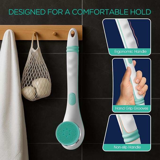 VOYOR Electric Silicone Body Scrubber, Back Scrubber for Shower, Waterproof Long Handle Body Brush, Rechargeable Power Bath Brush for Cleansing, Exfoliating, Massaging Skin BC100 (Blue)