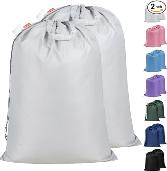 2 Pack Extra Heavy-Duty Laundry Bag with Handles, Silver, 28x36" | Machine Washable, Large Storage Bag, Reinforced Handles, Drawstring Closure & ID Tag, For College Dorm Travel