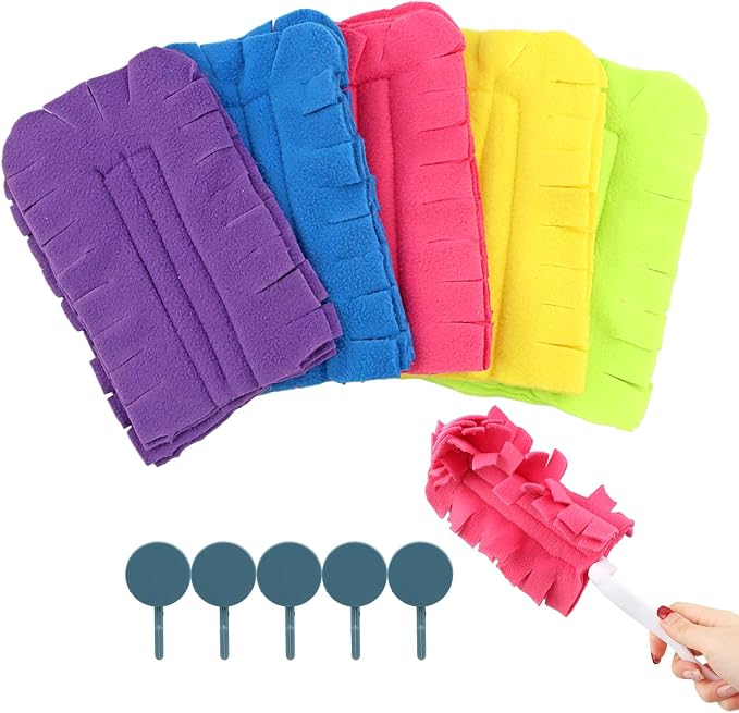 5 PCS Reusable Duster Refills, 360° Electrostatic Washable Microfiber Duster with Handle & 5 Hooks, Multi-Surface Cleaning Tool for Home Car Furniture Fans