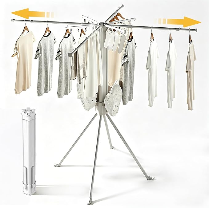 Clothes Drying Rack Foldable, 4-Legged Drying Rack Clothing Floor Standing Laundry Drying Rack Collapsible Drying Racks with Sock Clips & Shoe Holders for Indoor and Outdoor Balcony Bedroom Apartment