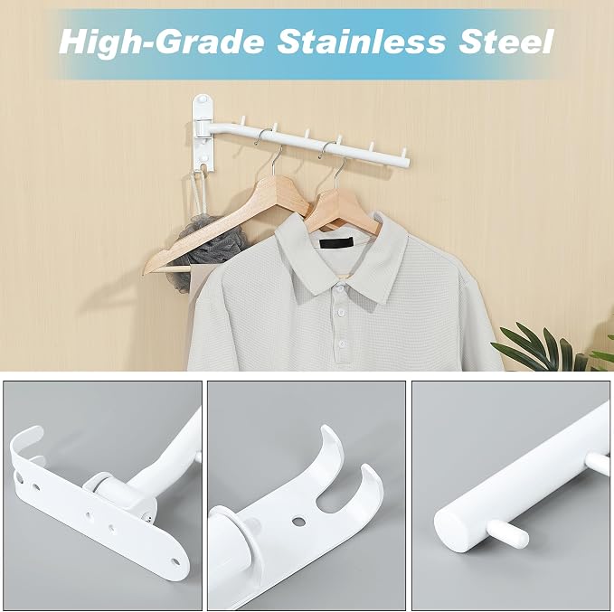 Alise Wall Mounted Drying Rack with Hook,Swivel Clothes Hanger,White,2 Pcs | Space Saving Wall Rack for Clothes,Heavty Duty Stainless Steel Clothes Wall Drying Rack for Laundry Closet Bedroom/Bathroom