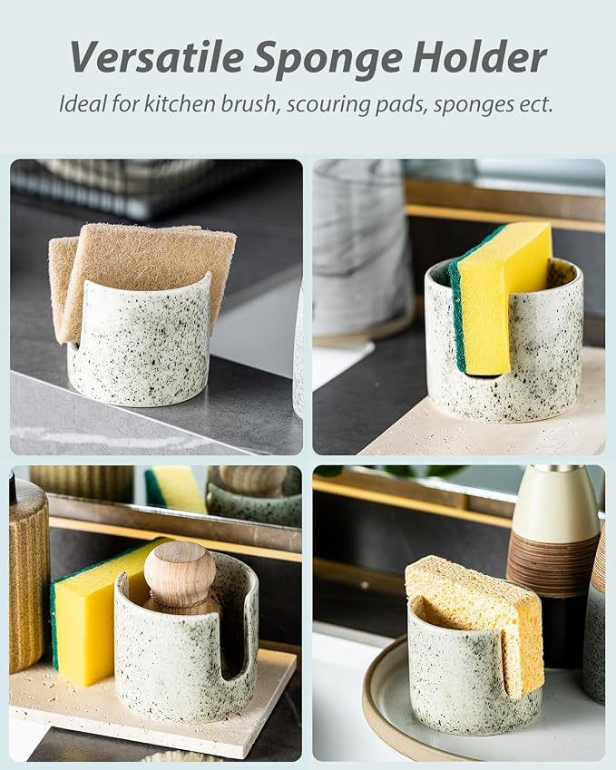 Zoeeker Kitchen Sink Sponge Holder, Dish Sponge Rack Ceramic Brush Holder Farmhouse Kitchen Dish Rack for Brush, Scrubbers, Bathroom, Sink, Speckled Glaze