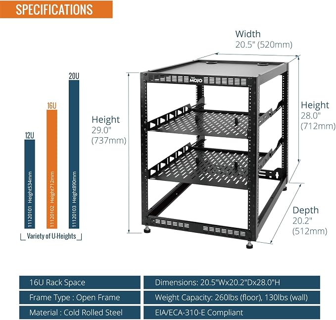 Tecmojo 16U Open Frame Network Rack for IT & AV Gear, AV Rack Floor Standing or Wall Mounted,with 2 PCS 1U Rack Shelves & Mounting Hardware,Network Rack for 19" Networking,Audio and Video Device