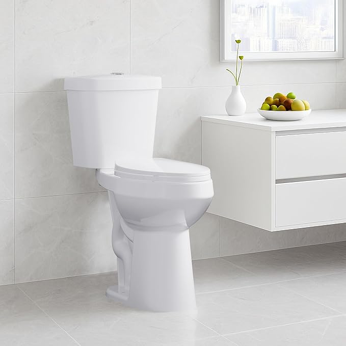 Two Piece Toilet 21 inch Chair Height Elongated Bowl, Dual Top Controls, High Seat Toilet for Seniors, Comfortable Bathroom Toilet with Soft-Close Seat White