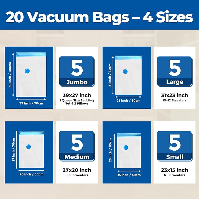 ETENWOLF 20 Combo Vacuum Storage Bags for Travel | Vacuum Seal Bags for Clothing Travel, Compression Packing Bags for Clothes and Blankets, Space Saver Bags in Carry-On Sizes