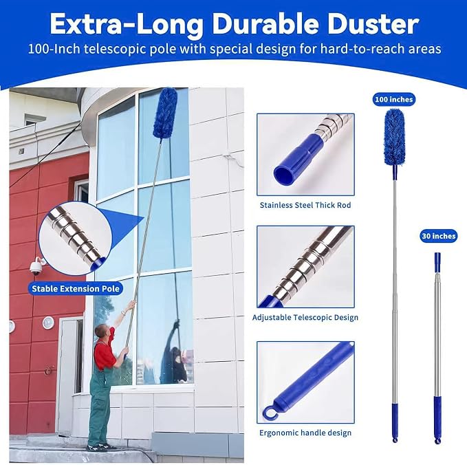 Dusters 6-in-1 Kit, Duster with Extension Pole 100 Inches, Dusters for Cleaning, Cobweb Duster, Microfiber Feather Gap Duster Cleaner for Fans, Blinds, Cars and Furniture