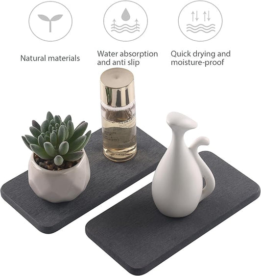 NiuYichee 2 Pcs Water Absorbing Stone Trays, Kitchen/Bathroom Sink Soap Dish, Diatomite Tray Used for Hand Soap & Cosmetic Bottles in The Modern Home, 3.5" W x 7.1" L, Dark Gray