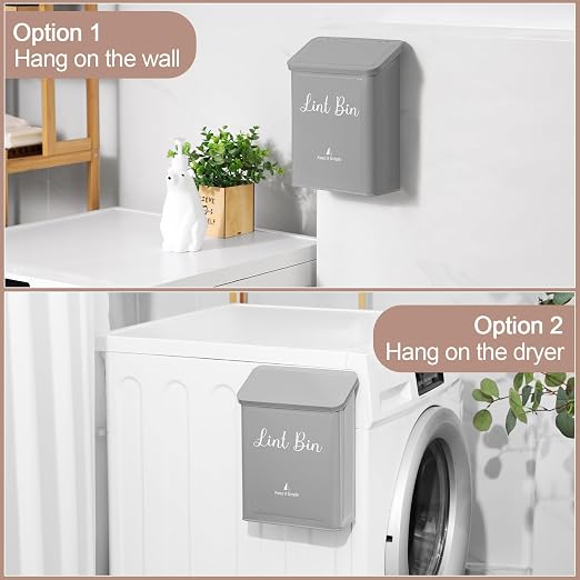 Magnetic Lint Bin for Laundry Room Organization and Storage,Light Grey | Wall Mounted Metal Lint Box Holder Trash Can with Lid for Dryer,Lint Basket for Laundry Room Decor