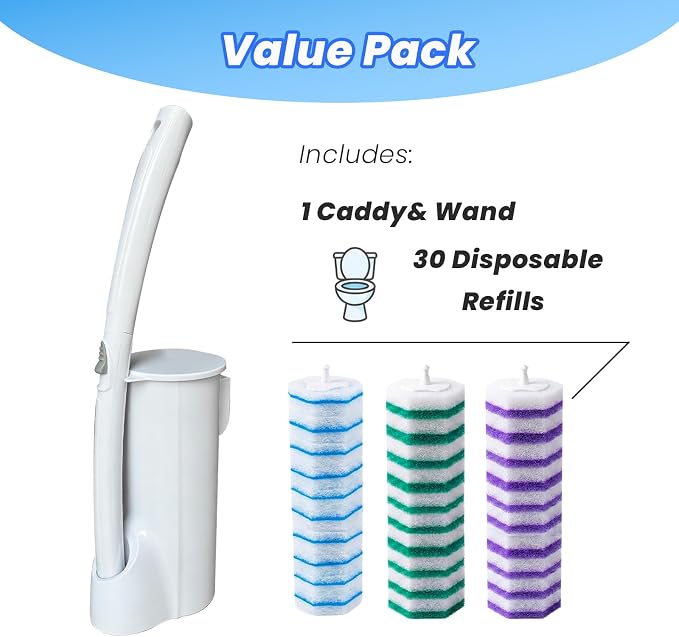 Disposable Toilet Brush Cleaning Supplies, Toilet Bowl Cleaner and Holder Set with 30 Toilet Wand Refill Pads, Wall Mounted Toliet Wand Kit Bathroom Maintenance, Storage Caddy (White)