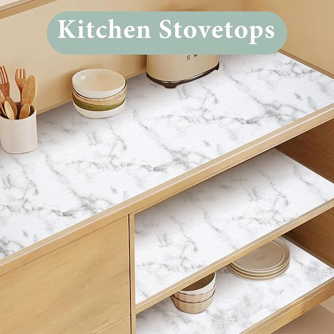2-Layer Drawer and Shelf Liner for Kitchen Cabinet: 35.4in X 30Ft Non Slip | Waterproof Shelf Paper Non Adhesive Refrigerator Liners White Marble Easy Liners for Bathroom with Knife Tape Measure