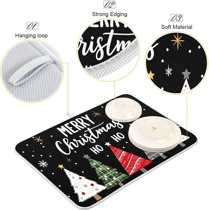 Christmas Tree Black Dish Drying Mat for Kitchen Countertop 16x18 Winter Snowflake White Xmas Small Drying Mat Reusable Quick Dry Dish Sink Mats Easy Clean Decorative Essentials