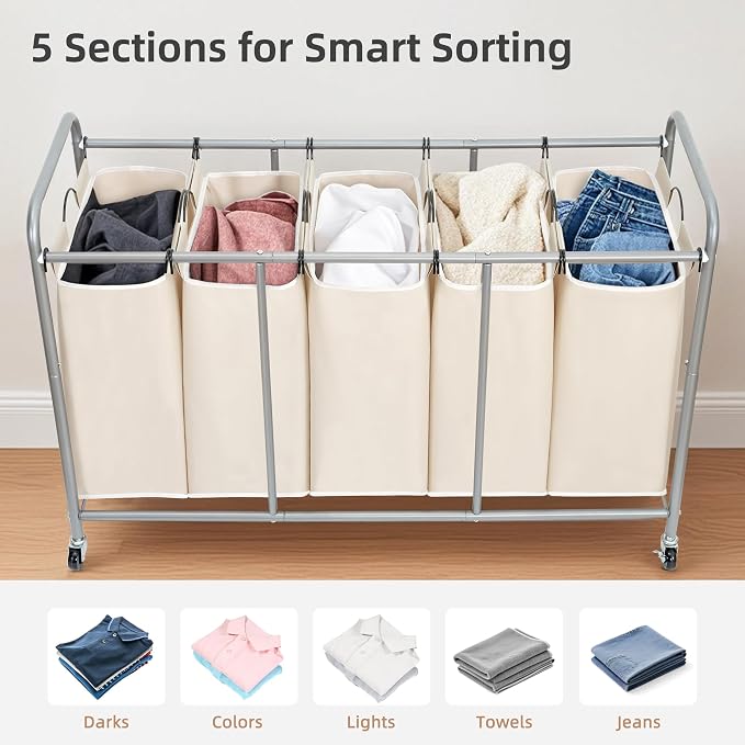 STORAGE MANIAC 5 Section Laundry Sorter, 5 Bins Rolling Separator Laundry Basket, Dirty Clothes Hamper Divider with Heavy Duty Lockable Wheels, Large Clothes Organizer Cart, Beige