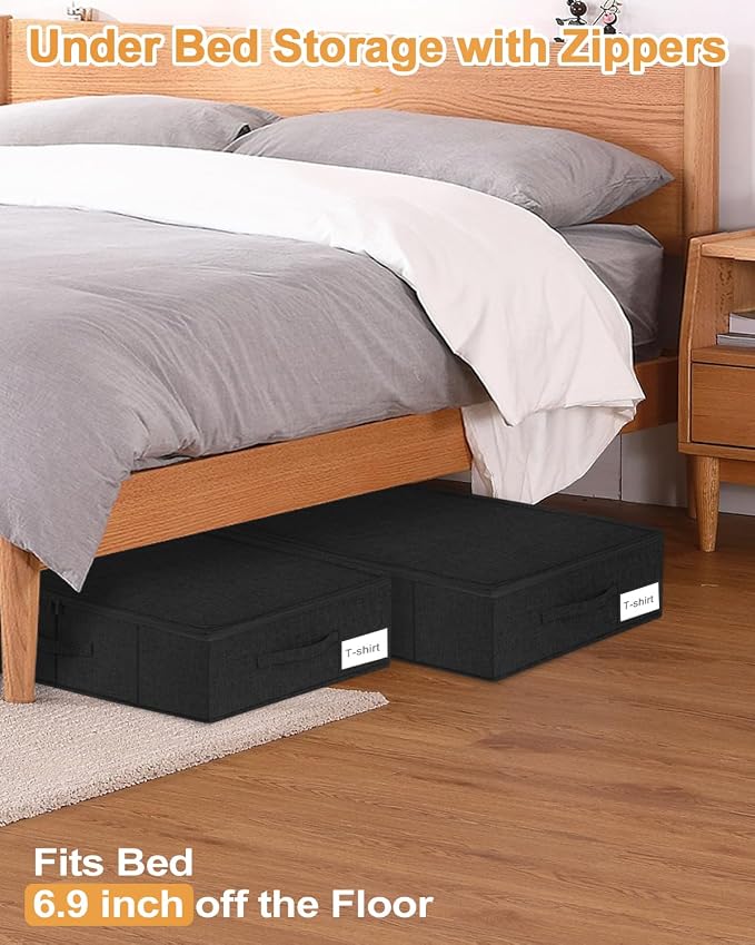 Under Bed Storage Container, 3 Pack Underbed Storage Bags With Lid, Foldable Sturdy Clothes Storage Organizer W/ 3 Handles, Ultra Thick Fabric Blanket Shoe Storage Box, 30x15x6.7inch, Black, 50L | Sturdy Sides and Bottom wieh Ultra-Thick Fabric and 3 H...