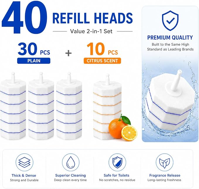 Disposable Toilet Bowl Brush and Holder Set – 40 Refills Included, No-Touch Toilet Wand Cleaning System, Toilet Brush & Holder for Bathroom, Hygienic Toilet Bowl Cleaner Starter Kit