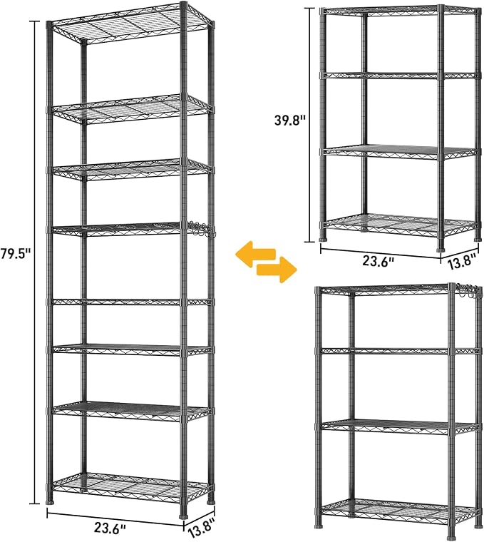 Karl home Segmentable 8-Tier Storage Shelving, Adjustable Metal Shelves Wire Storage Rack for Garage Kitchen Basement,1600LBS Capacity 78.74" H X 23.62" W X 13.78" D,Stainless S Hooks,Black