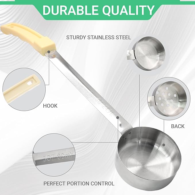 4PCS 3 oz Portion Control Serving Spoons,Measuring Ladle Scoops Food Utensils,Proportion Manage Slotted and Unslotted Scoops for Weight Loss/Kitchen(Creamy)
