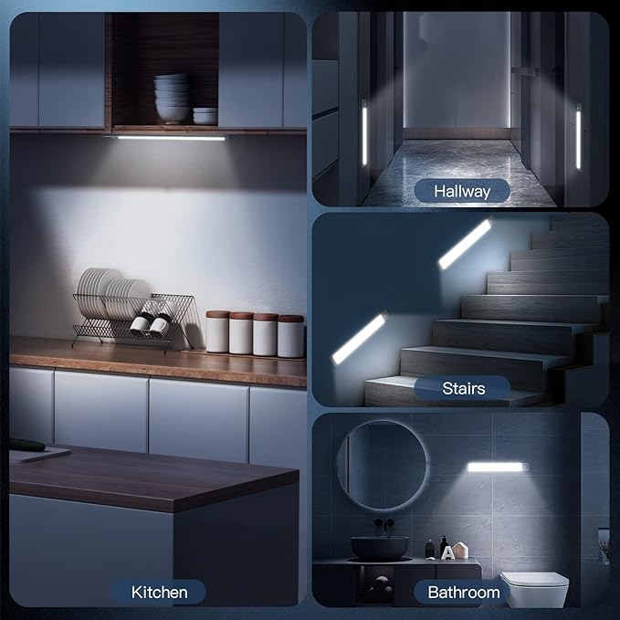 MCGOR 10inch Under Cabinet Lighting, 2 Pack Rechargeable Motion Sensor Light Indoor, 5 Levels Dimmable Magnetic Closet Lights, Wireless Under Counter Lights for Kitchen, Stairs