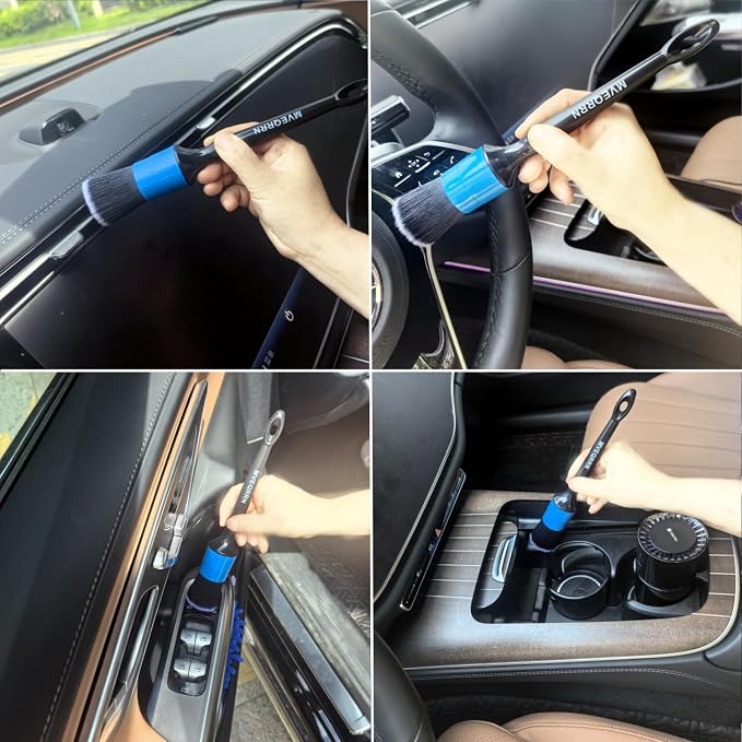 MVEQRRN 6pcs Car Detailing Brush Set,Boars Hair Detail Brushes(Blue) | Ultra Soft Car Detailing Brushes for Air Vents,Leather Seats,No Scratch Auto Detailing Brushes for Interior Exterior