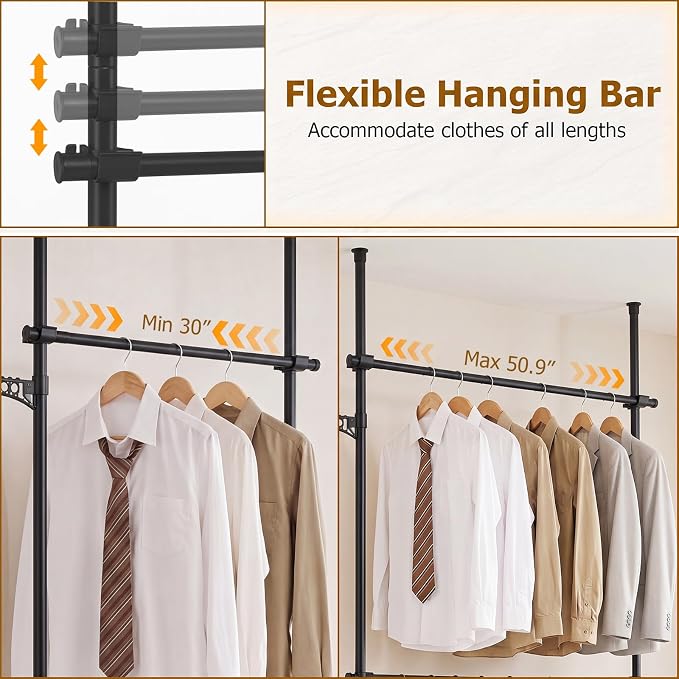 Giantex Floor to Ceiling Clothes Rack, 2 Rods Heavy Duty Garment Rack | Tension Pole Closet System w/ Folding Drying Rack, Reacher Pole, Metal Garment Organizer for Bedroom, Laundry Room, Closet