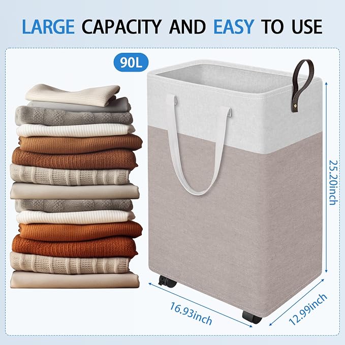 HomeHacks 90L Rolling Laundry Basket with 4 Wheels Collapsible Khaki | 4 Wheels, Waterproof PEVA Lining, Cotton Flax Fabric, Metal Frame, Bathroom Laundry Room Dorm Storage, Space-Saving Design