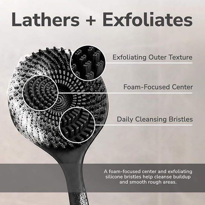 SILKLE Silicone Back Scrubber for Shower - Back Scrubber with Long Handle, Shower Back Scrubber & Body Scrubber with Handle, Exfoliating Back Scrubber, Back Brush for Shower with Textured Grip - Black