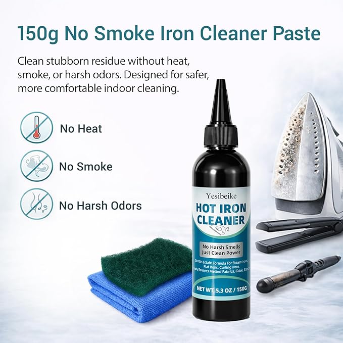 Upgraded 150g No Smoke Iron Cleaner, Cold Use Soleplate Cleaner Paste for Steam Irons, Removes Starch, Melted Fabric & Glue, Safe for Flat & Curling Irons, with Microfiber Cloth