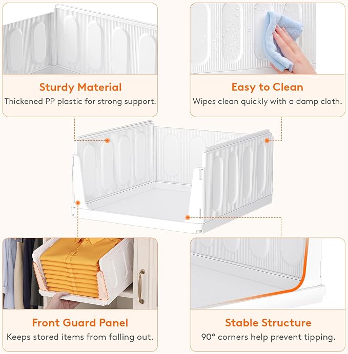 Lifewit 6 Pack Stackable Closet Organizers for Shelf, Plastic Clothes Storage Basket Bins for Wardrobe, Multifunctional Stacking Sweater Containers for Shelves, RV, Pantry, Kitchen, Dorm, 12.6" Wide