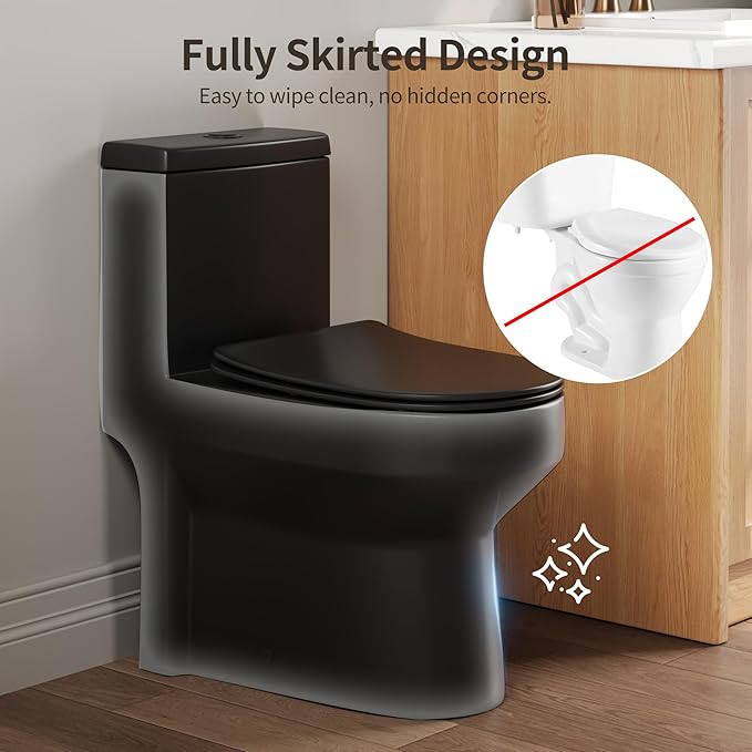 DeerValley Compact One Piece Toilet Standard Seat Height for Small Bathroom Dual Flush 1.1/1.6 GPF Powerful and Quiet 12'' Rough-In Skirted Toilet DV-1F52812B