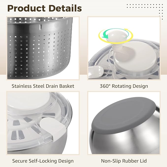 Large Stainless Steel Salad Spinner, Lettuce Spinner Vegetable Strainer Set, Fruit Straining Spinner with Self-Locking Lid