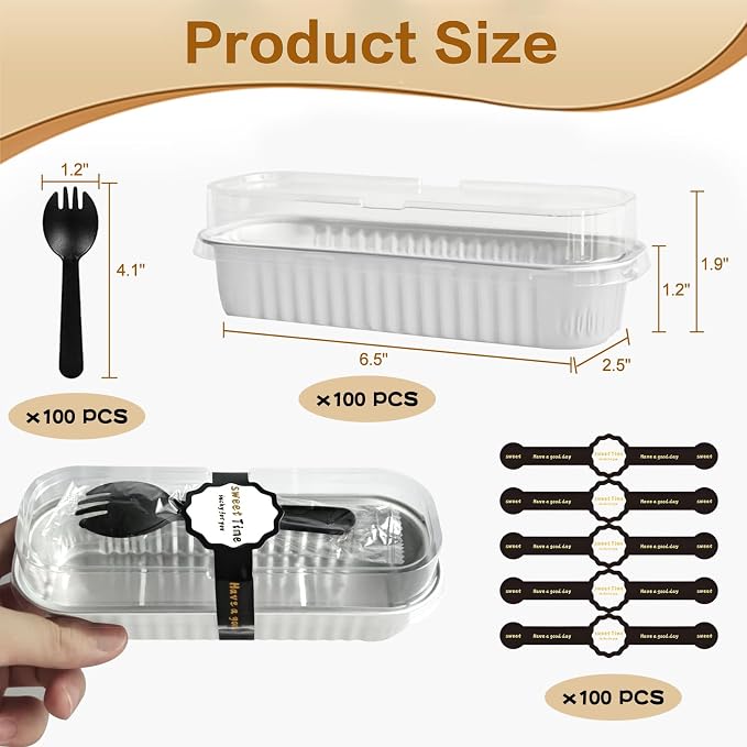 100 Pack Mini Cake Pans with Lids and Spoons, Mini Loaf Baking Pans 6.8oz, Small Disposable Aluminum Foil Loaf Pans, Rectangular Baking Container for Party and Picnics, Cheesecake Pan (Black)