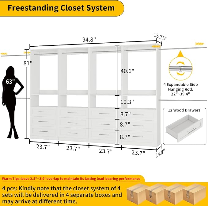Closet System Set of 4, 8FT-21FT Walk in Closet System with 12 Drawers & 8 Adjustable Hanging Rods, Custom Closet Organizer Systems with 4 Shelves, Modular Closet Storage System Organizer Kit, White