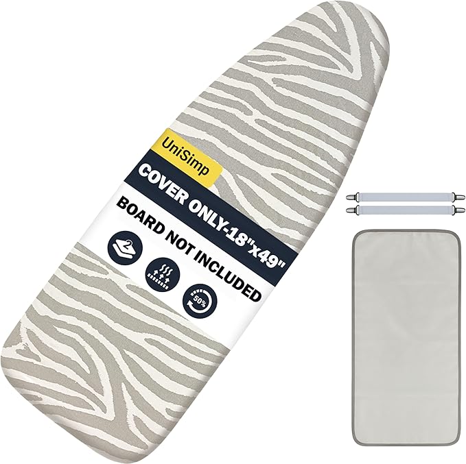UniSimp Ironing Board Cover and Pad 18"x49" Extra Thick Natural Cotton, Scorch and Stain Resistant Padding, Extra Wide Iron Board Cover with Fasteners Heavy Duty Elastic Edge, Heatproof Zebra
