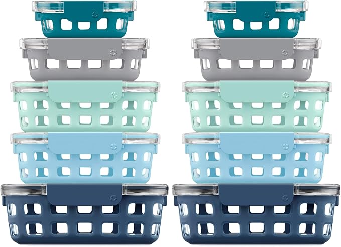 Ello Duraglass Mixed Meal Prep Sets Leak-Proof Glass Food Storage Containers with Silicone Sleeves and Airtight BPA-Free Lids, Dishwasher, Microwave, and Freezer Safe