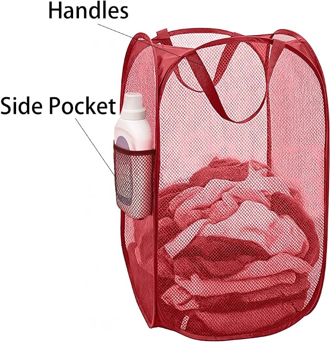 Larpur Popup Mesh Laundry Basket, Collapsible and Portable Clothes Washing Laundry Hamper with Reinforced Carry Handle (Red)