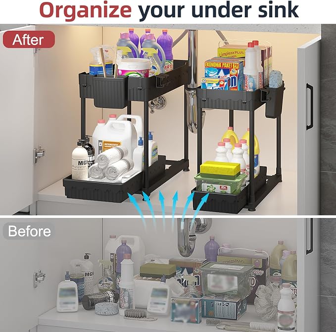 Sevenblue Under Sink Organizer, Bathroom Organizers and Storage, 2 Tier Multi-Use Pull Out Cabinet Organizer with Hang Hooks and Cups (Black, 14.8 Inch)
