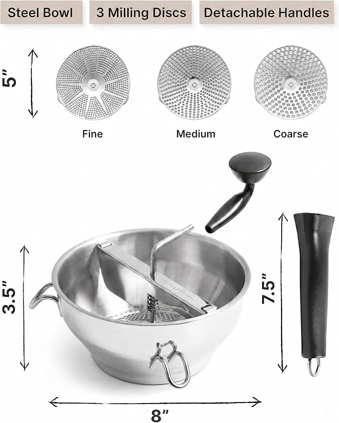 Compact Stainless Steel Food Mill with 3 Discs – Ergonomic Rotary Hand Crank with Removable Handles for Tomato Sauce, Applesauce, Baby Food, Mashed Potatoes & Puree