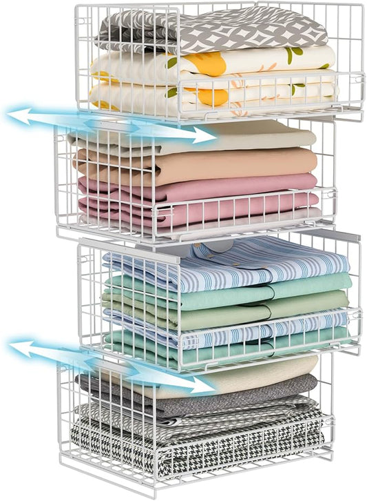 Hongtamoya 4-Tier Sliding Closet Organizers and Storage Shelves, Stackable Closet Shelf Organizer Basket Bins, Drawer Shelf Storage Container for Wardrobe Cupboard Kitchen Bathroom Office, White
