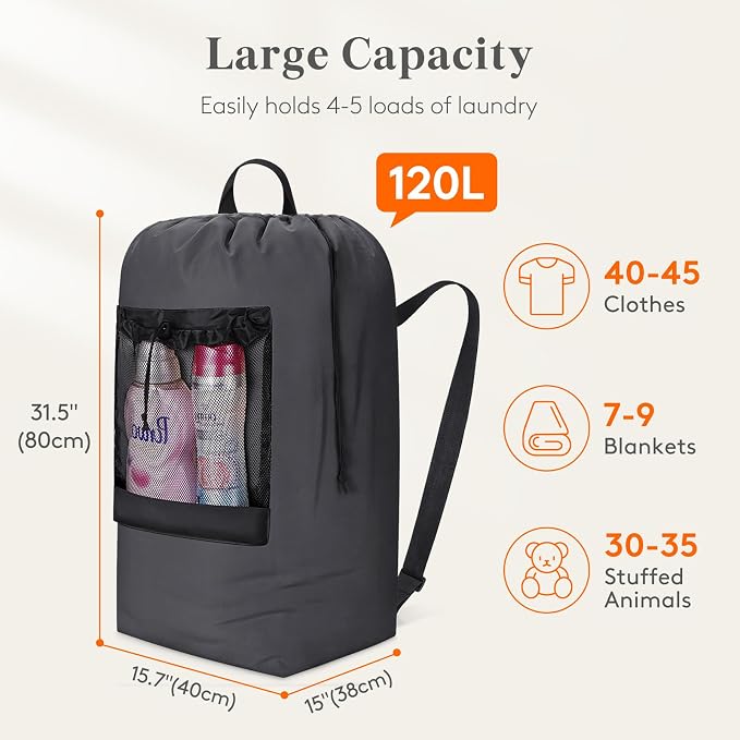 Lifewit Laundry Bag Backpack Travel, 120L, Gray | Extra Large Bag with Shoulder Straps and Mesh Pocket for Laundromat, Heavy Duty Basket for Dirty Cloth College Dorm Apartment